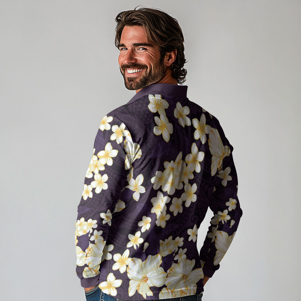 Hawaii Hibiscus Plumeria Purple Long Sleeve Polo Shirt Polynesian Pattern LT01 - Polynesian Pride