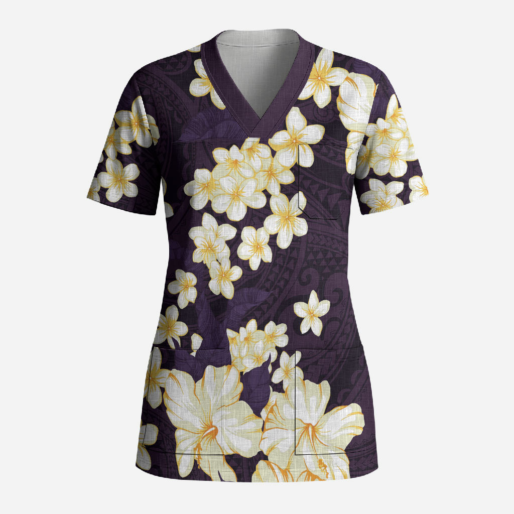 Hawaii Hibiscus Plumeria Purple Scrub Top Polynesian Pattern LT01 Adult Purple - Polynesian Pride
