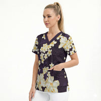 Hawaii Hibiscus Plumeria Purple Scrub Top Polynesian Pattern LT01 - Polynesian Pride