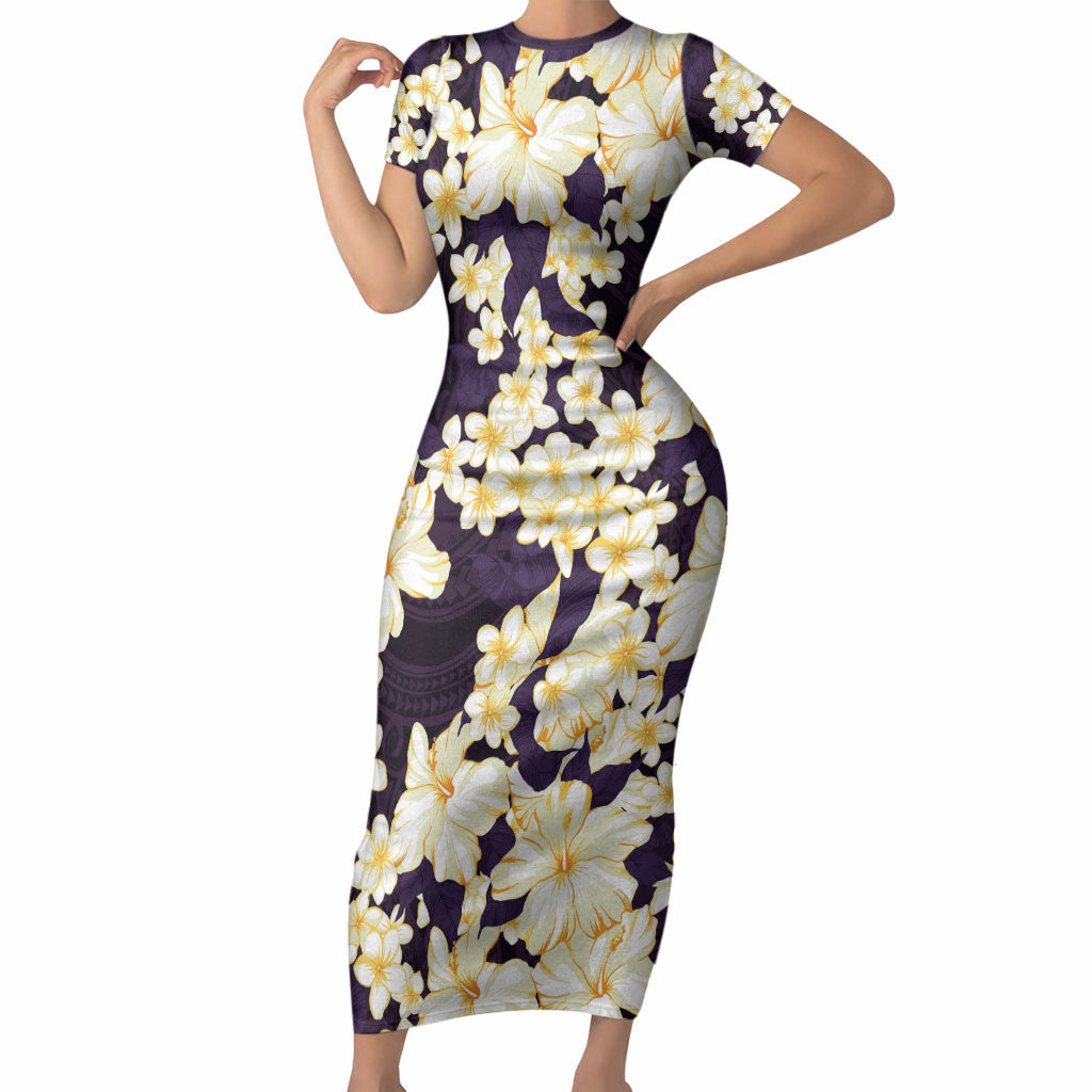 Hawaii Hibiscus Plumeria Purple Short Sleeve Bodycon Dress Polynesian Pattern LT01 Long Dress Purple - Polynesian Pride