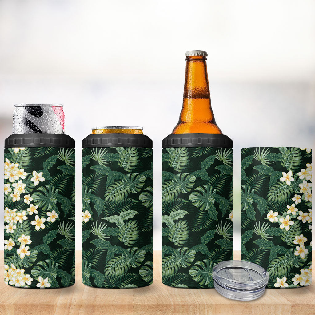 Hawaii Plumeria Tropical Leaves 4 in 1 Can Cooler Tumbler Monstera Calathea Palm Fronds LT01 - Polynesian Pride