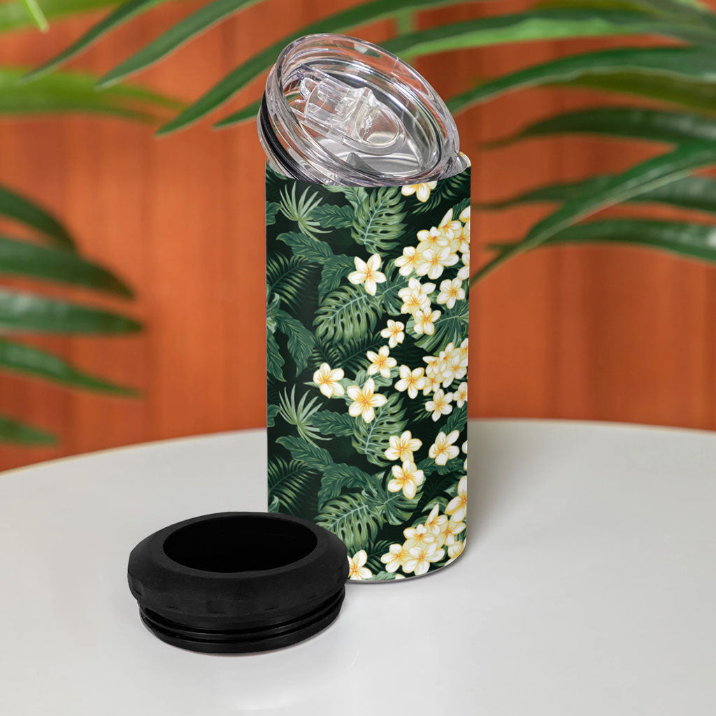 Hawaii Plumeria Tropical Leaves 4 in 1 Can Cooler Tumbler Monstera Calathea Palm Fronds LT01 - Polynesian Pride