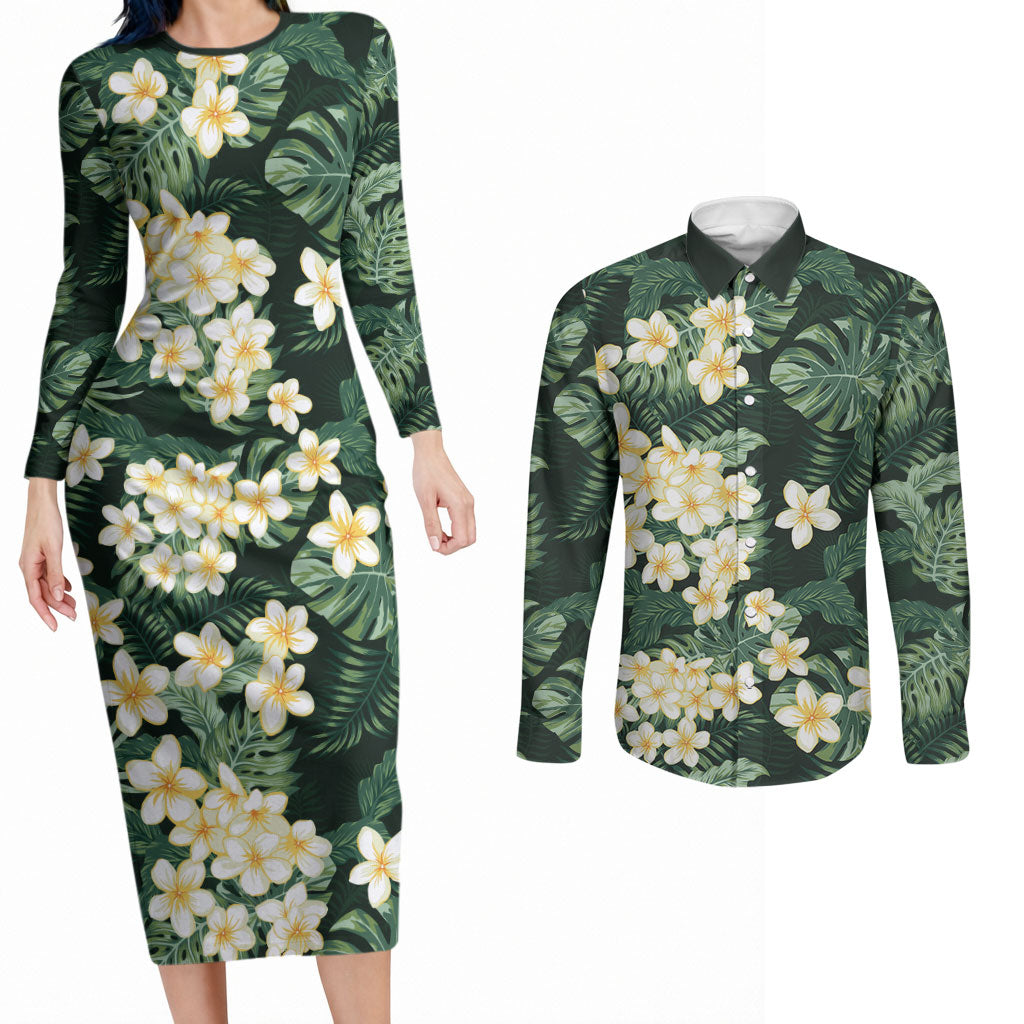 Hawaii Plumeria Tropical Leaves Couples Matching Long Sleeve Bodycon Dress and Long Sleeve Button Shirt Monstera Calathea Palm Fronds LT01 Green - Polynesian Pride