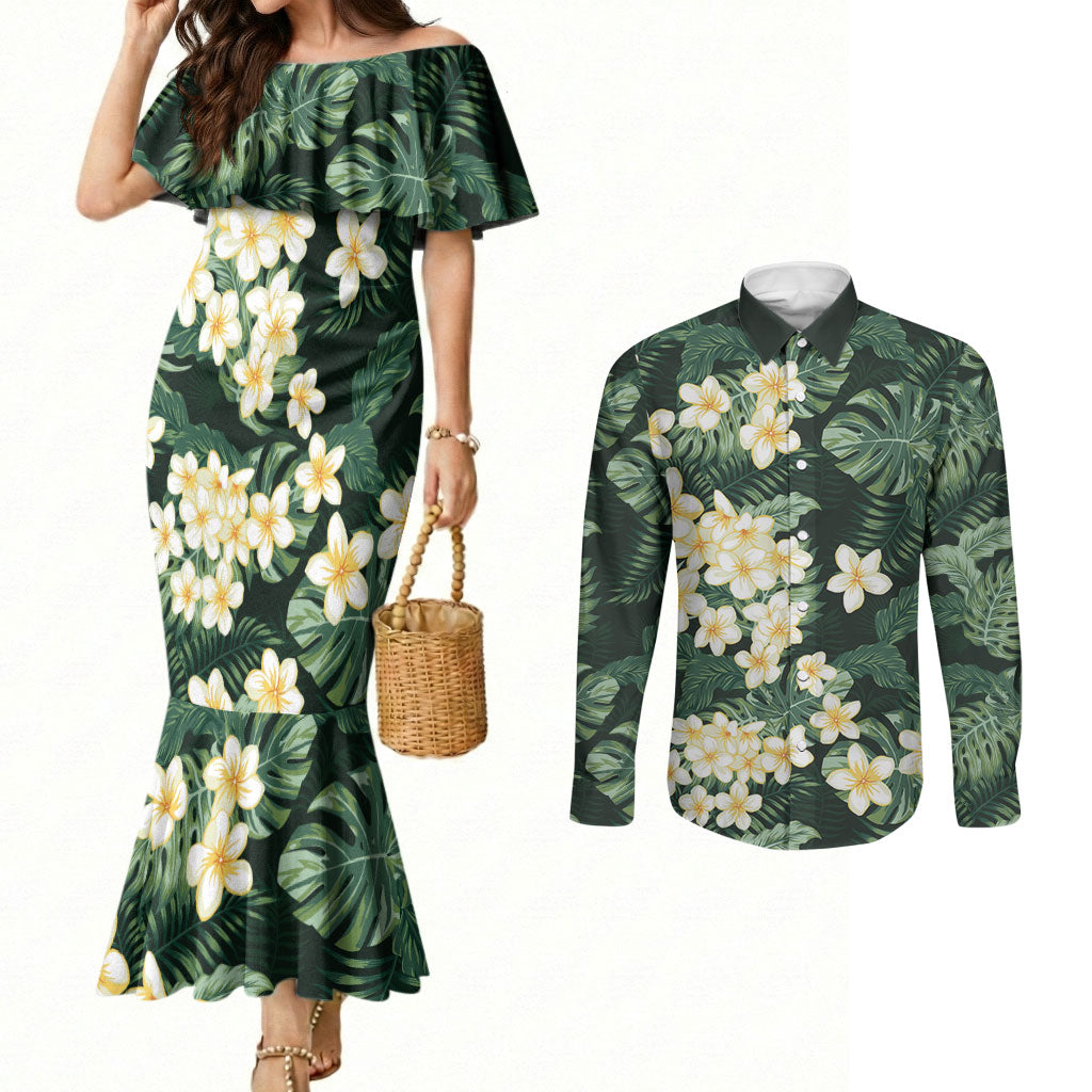 Hawaii Plumeria Tropical Leaves Couples Matching Mermaid Dress and Long Sleeve Button Shirt Monstera Calathea Palm Fronds LT01 Green - Polynesian Pride