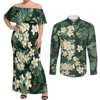 Hawaii Plumeria Tropical Leaves Couples Matching Off Shoulder Maxi Dress and Long Sleeve Button Shirt Monstera Calathea Palm Fronds LT01 Green - Polynesian Pride