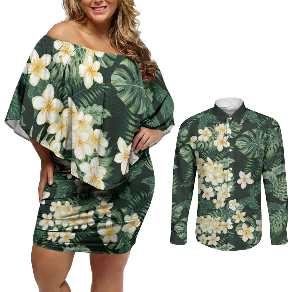 Hawaii Plumeria Tropical Leaves Couples Matching Off Shoulder Short Dress and Long Sleeve Button Shirt Monstera Calathea Palm Fronds LT01 Green - Polynesian Pride