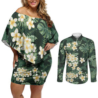Hawaii Plumeria Tropical Leaves Couples Matching Off Shoulder Short Dress and Long Sleeve Button Shirt Monstera Calathea Palm Fronds LT01 Green - Polynesian Pride
