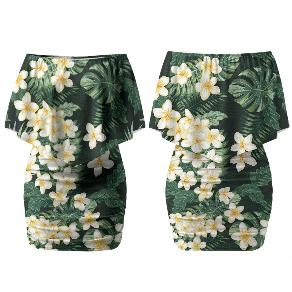Hawaii Plumeria Tropical Leaves Couples Matching Off Shoulder Short Dress and Long Sleeve Button Shirt Monstera Calathea Palm Fronds LT01 - Polynesian Pride