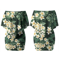 Hawaii Plumeria Tropical Leaves Couples Matching Off Shoulder Short Dress and Long Sleeve Button Shirt Monstera Calathea Palm Fronds LT01 - Polynesian Pride
