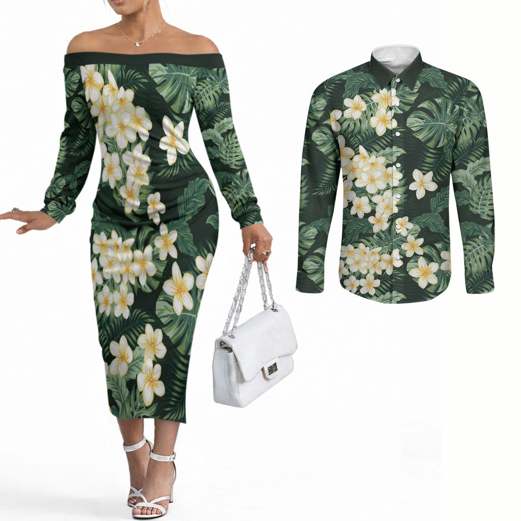 Hawaii Plumeria Tropical Leaves Couples Matching Off The Shoulder Long Sleeve Dress and Long Sleeve Button Shirt Monstera Calathea Palm Fronds LT01 Green - Polynesian Pride