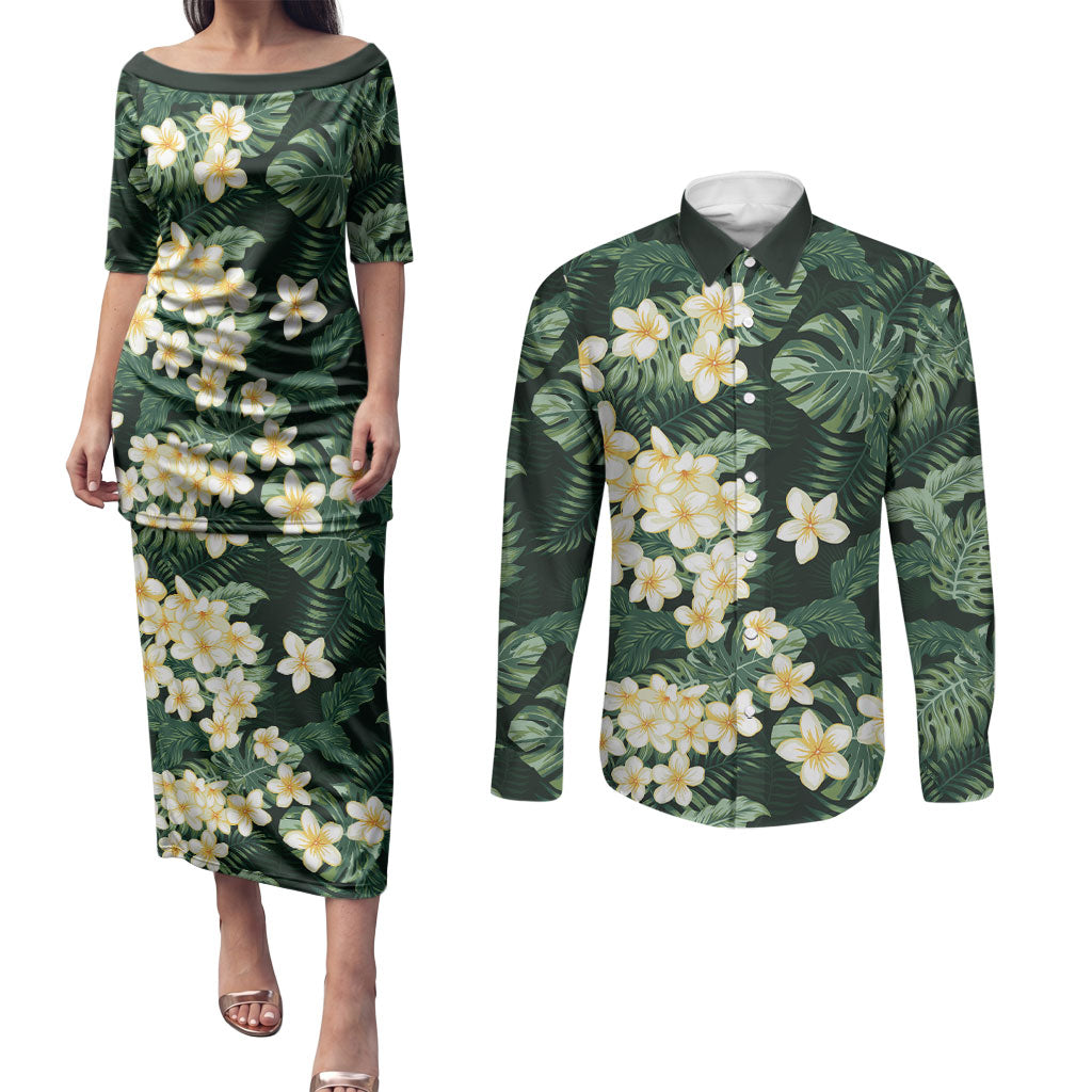 Hawaii Plumeria Tropical Leaves Couples Matching Puletasi and Long Sleeve Button Shirt Monstera Calathea Palm Fronds LT01 Green - Polynesian Pride