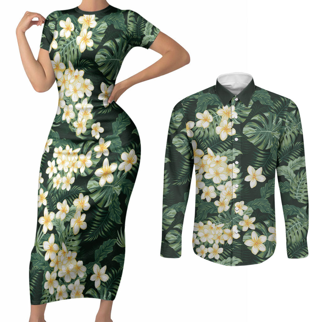 Hawaii Plumeria Tropical Leaves Couples Matching Short Sleeve Bodycon Dress and Long Sleeve Button Shirt Monstera Calathea Palm Fronds LT01 Green - Polynesian Pride