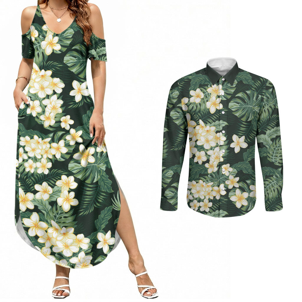 Hawaii Plumeria Tropical Leaves Couples Matching Summer Maxi Dress and Long Sleeve Button Shirt Monstera Calathea Palm Fronds LT01 Green - Polynesian Pride
