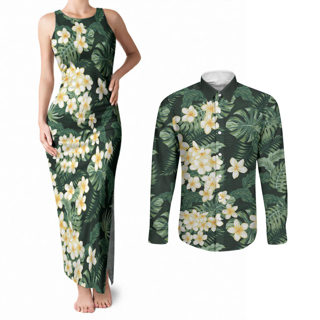 Hawaii Plumeria Tropical Leaves Couples Matching Tank Maxi Dress and Long Sleeve Button Shirt Monstera Calathea Palm Fronds LT01 Green - Polynesian Pride