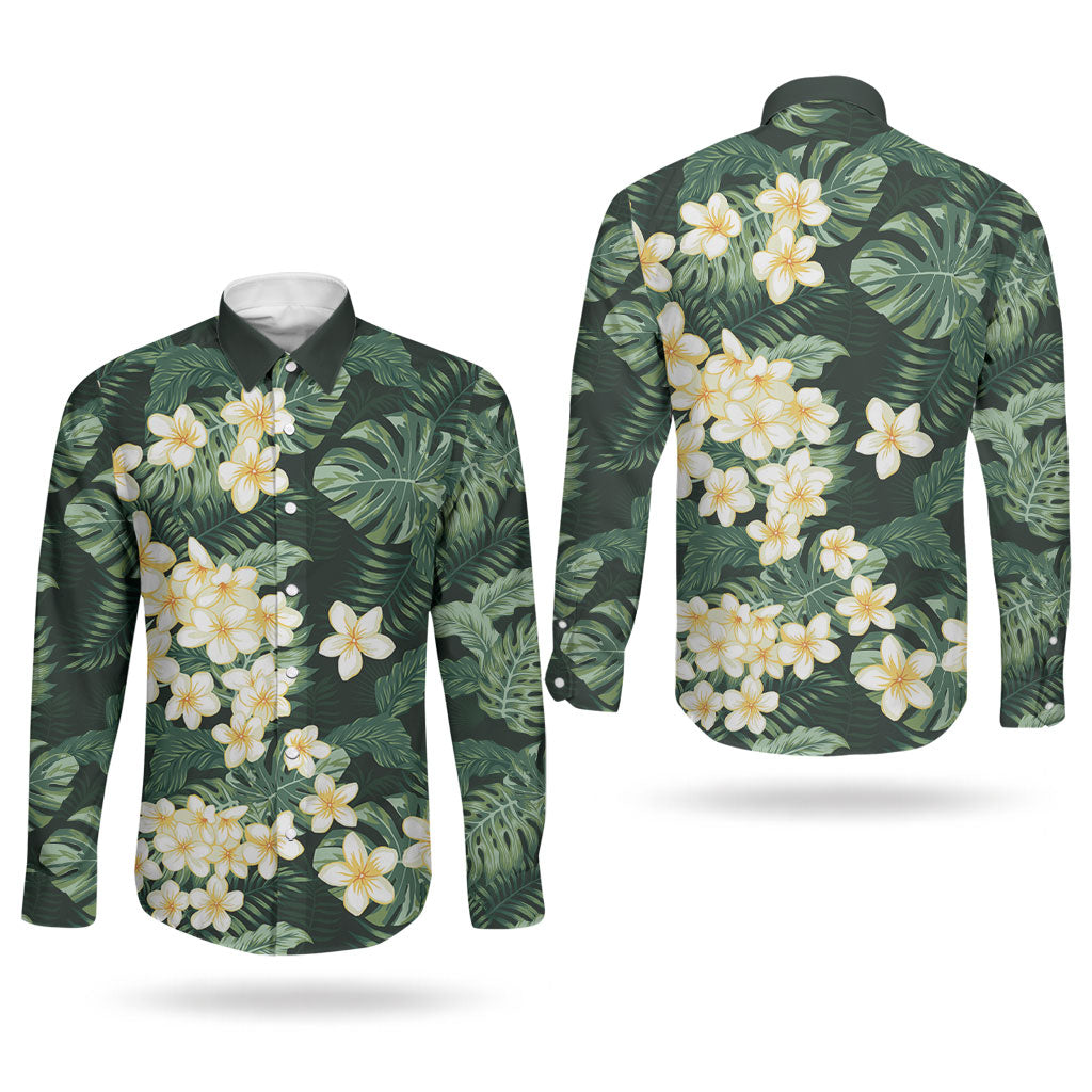 Hawaii Plumeria Tropical Leaves Couples Matching Tank Maxi Dress and Long Sleeve Button Shirt Monstera Calathea Palm Fronds LT01 - Polynesian Pride