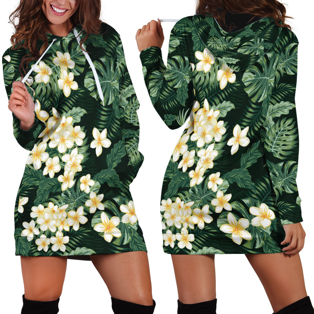 Hawaii Plumeria Tropical Leaves Hoodie Dress Monstera Calathea Palm Fronds LT01 - Polynesian Pride
