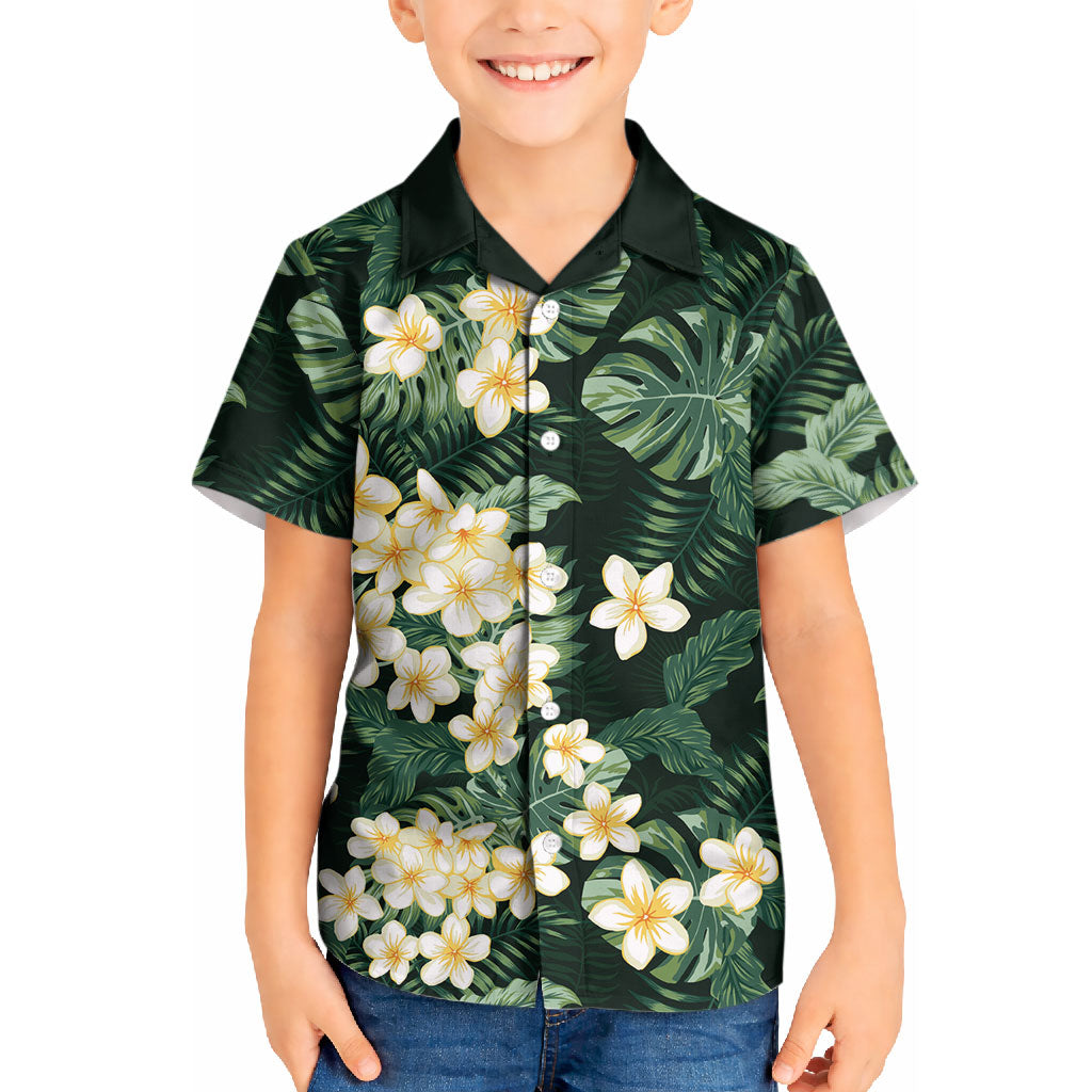 Hawaii Plumeria Tropical Leaves Kid Hawaiian Shirt Monstera Calathea Palm Fronds LT01 Kid Green - Polynesian Pride
