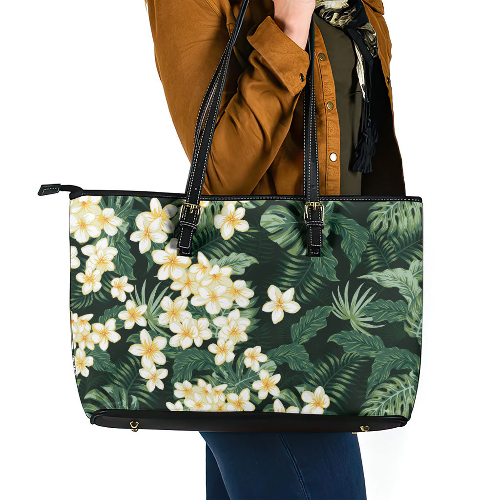 Hawaii Plumeria Tropical Leaves Leather Tote Bag Monstera Calathea Palm Fronds LT01 - Polynesian Pride