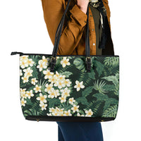 Hawaii Plumeria Tropical Leaves Leather Tote Bag Monstera Calathea Palm Fronds LT01 - Polynesian Pride