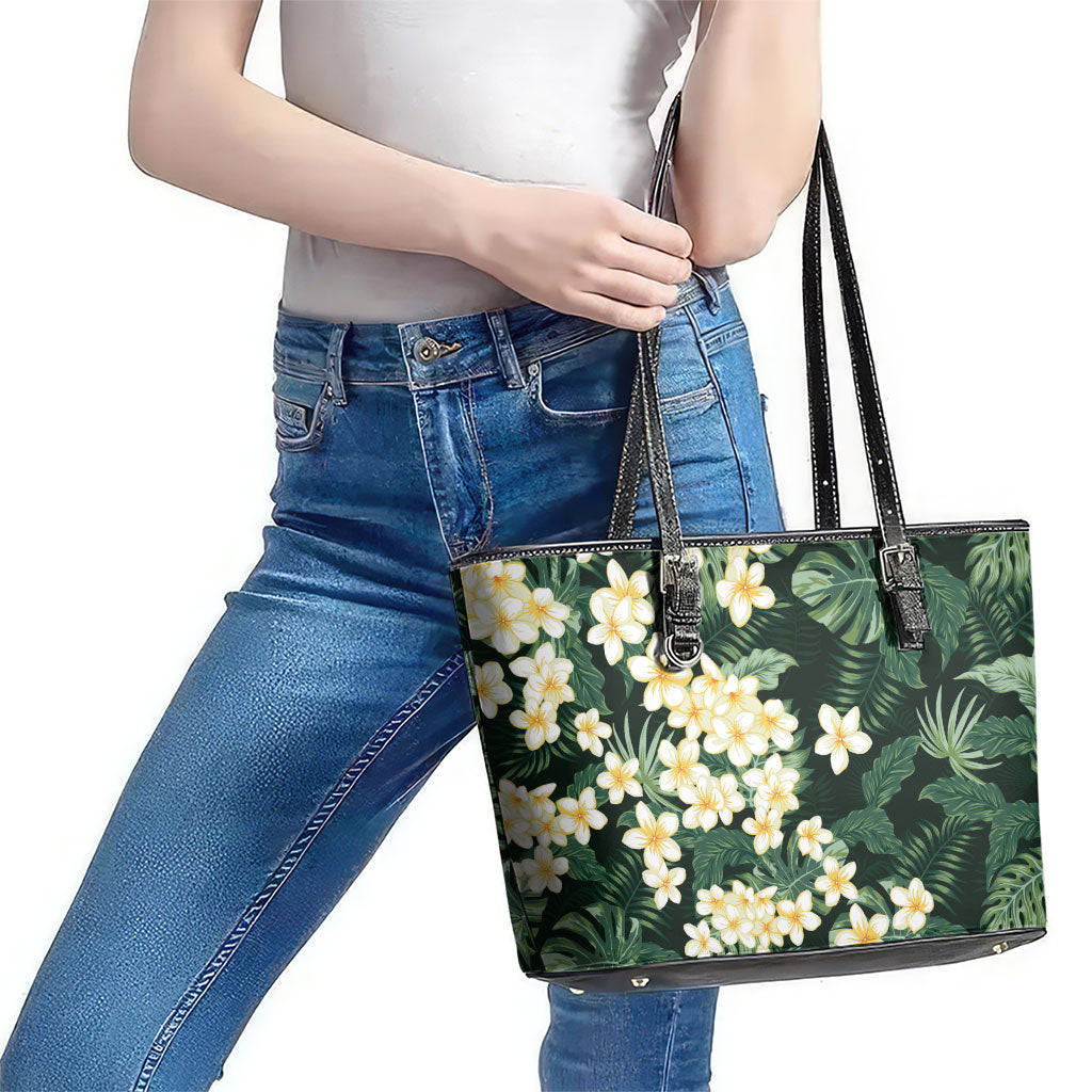 Hawaii Plumeria Tropical Leaves Leather Tote Bag Monstera Calathea Palm Fronds LT01 - Polynesian Pride