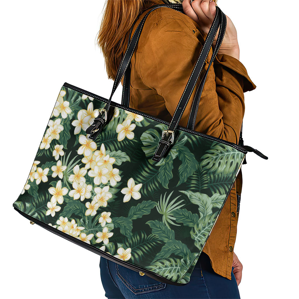Hawaii Plumeria Tropical Leaves Leather Tote Bag Monstera Calathea Palm Fronds LT01 - Polynesian Pride