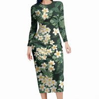 Hawaii Plumeria Tropical Leaves Long Sleeve Bodycon Dress Monstera Calathea Palm Fronds LT01 Long Dress Green - Polynesian Pride