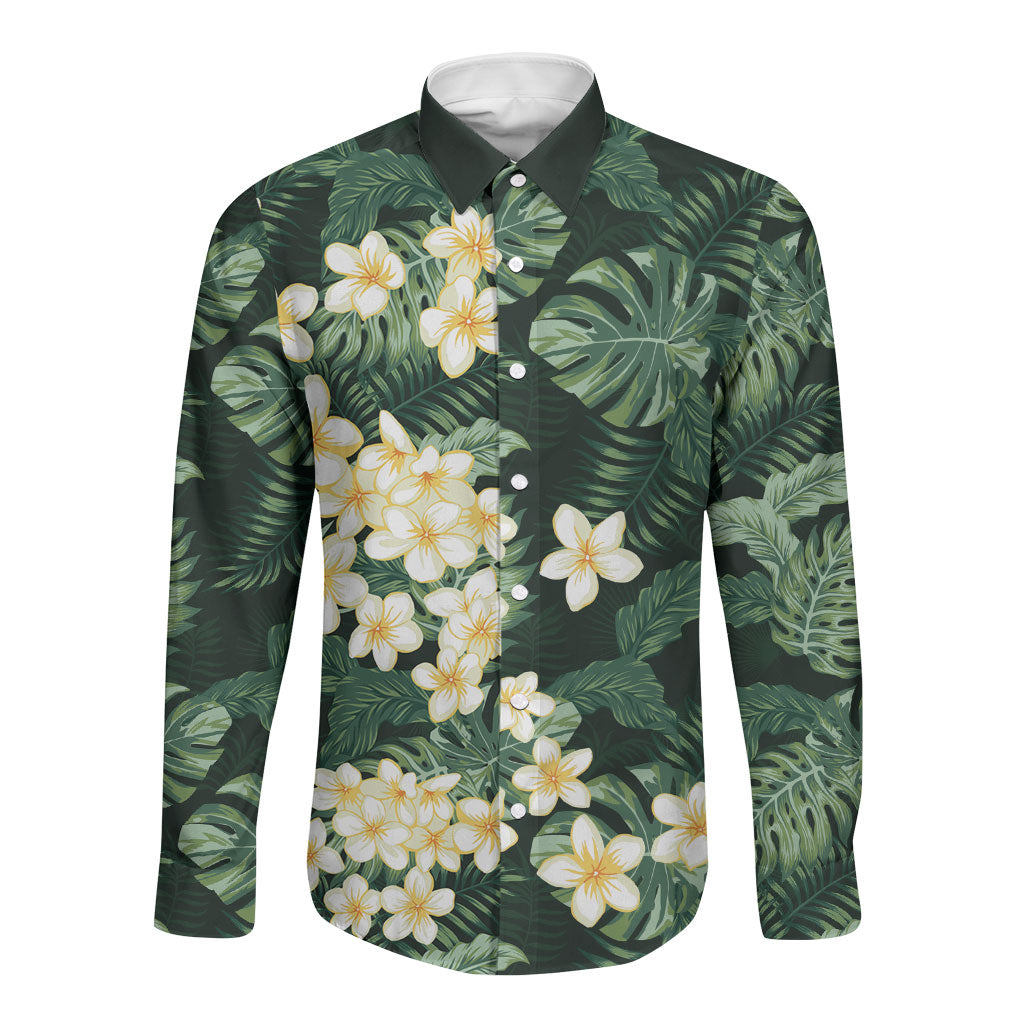 Hawaii Plumeria Tropical Leaves Long Sleeve Button Shirt Monstera Calathea Palm Fronds LT01 Unisex Green - Polynesian Pride