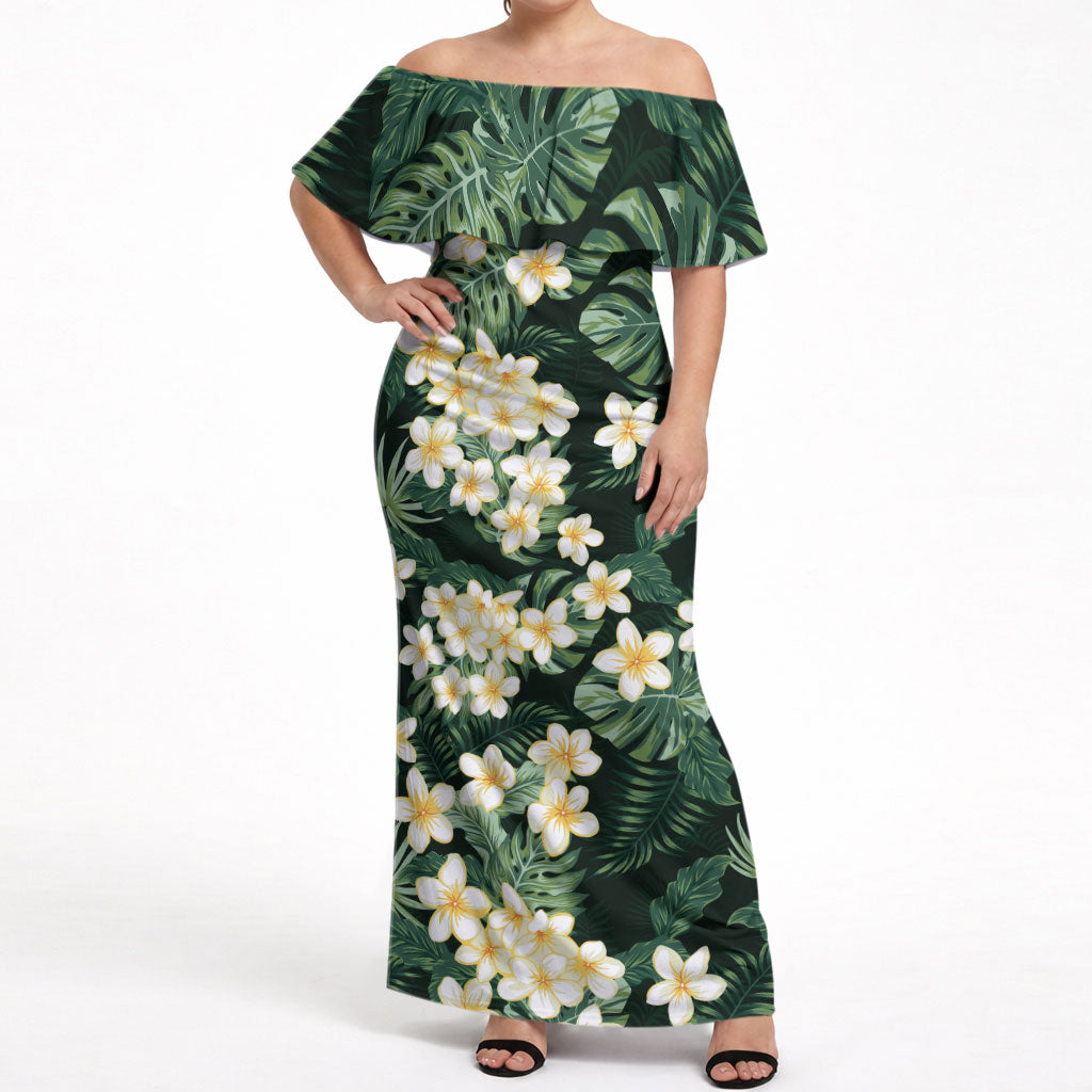 Hawaii Plumeria Tropical Leaves Off Shoulder Maxi Dress Monstera Calathea Palm Fronds LT01 Women Green - Polynesian Pride