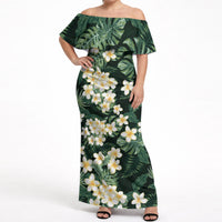 Hawaii Plumeria Tropical Leaves Off Shoulder Maxi Dress Monstera Calathea Palm Fronds LT01 Women Green - Polynesian Pride