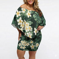 Hawaii Plumeria Tropical Leaves Off Shoulder Short Dress Monstera Calathea Palm Fronds LT01 Women Green - Polynesian Pride