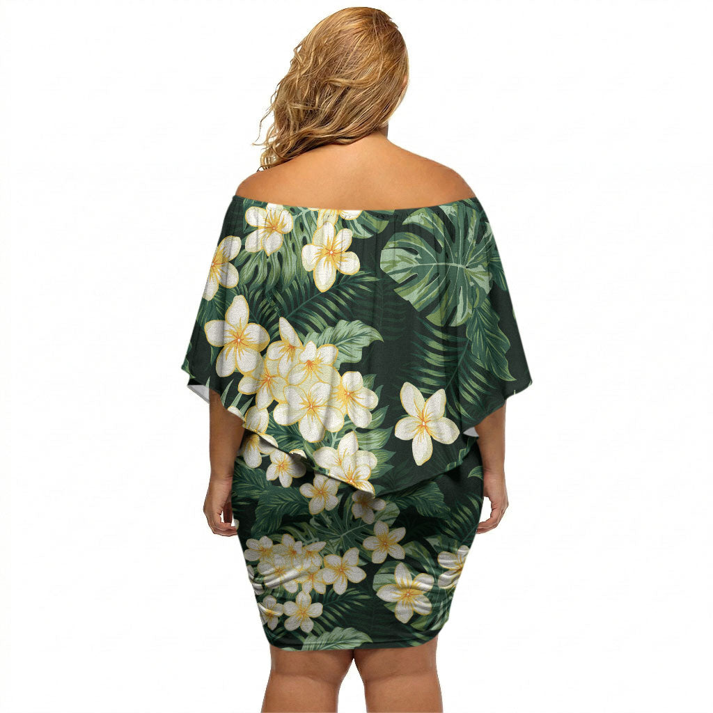 Hawaii Plumeria Tropical Leaves Off Shoulder Short Dress Monstera Calathea Palm Fronds LT01 - Polynesian Pride