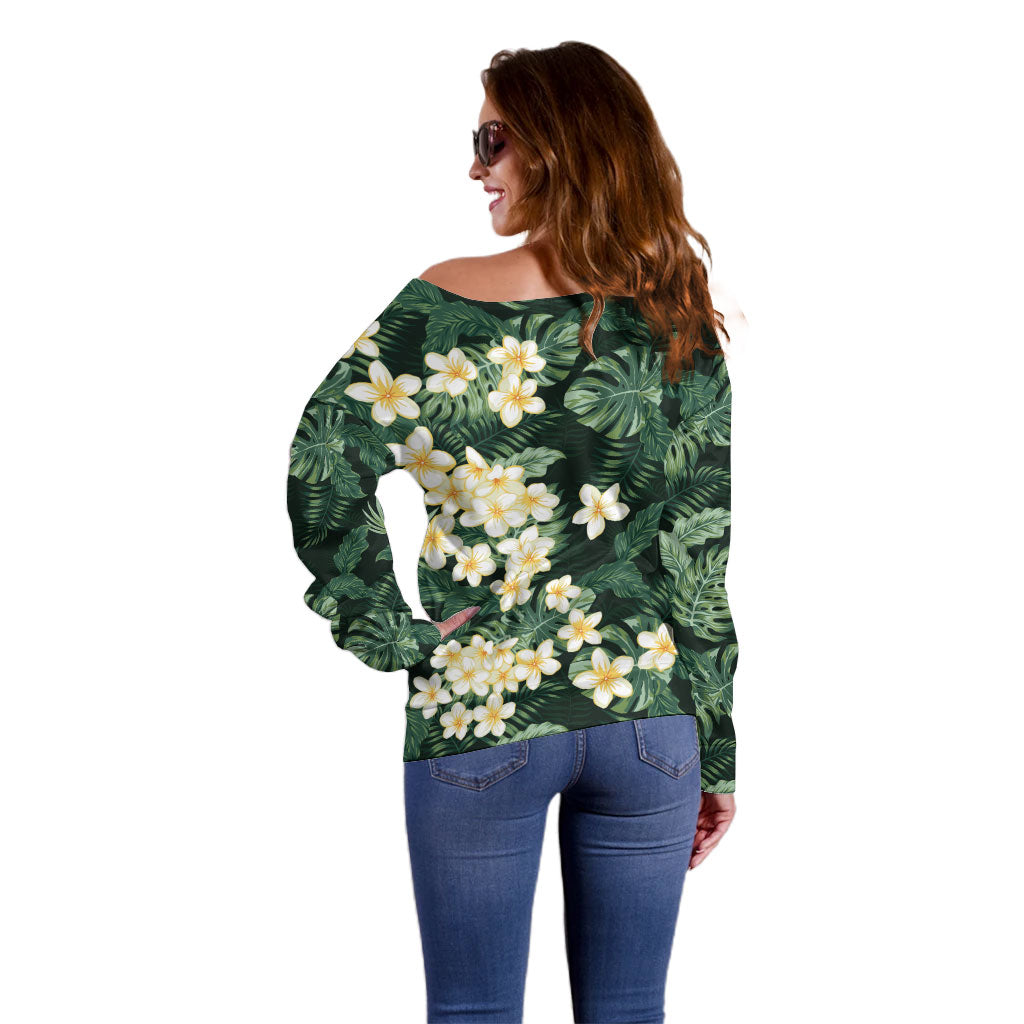 Hawaii Plumeria Tropical Leaves Off Shoulder Sweater Monstera Calathea Palm Fronds LT01 - Polynesian Pride