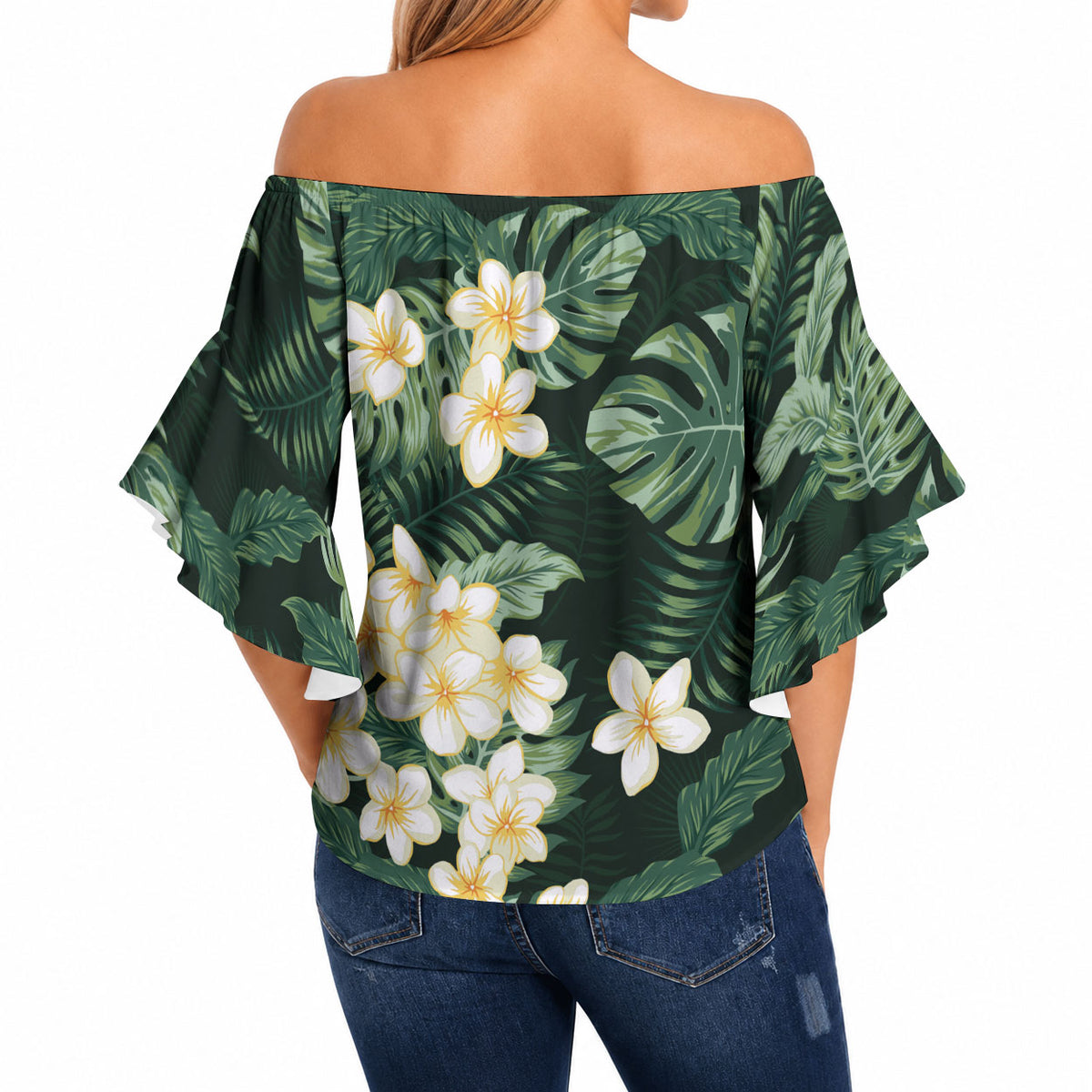 Hawaii Plumeria Tropical Leaves Off Shoulder Wrap Waist Top Monstera Calathea Palm Fronds LT01 - Polynesian Pride