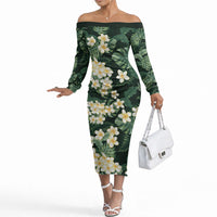 Hawaii Plumeria Tropical Leaves Off The Shoulder Long Sleeve Dress Monstera Calathea Palm Fronds LT01 Women Green - Polynesian Pride