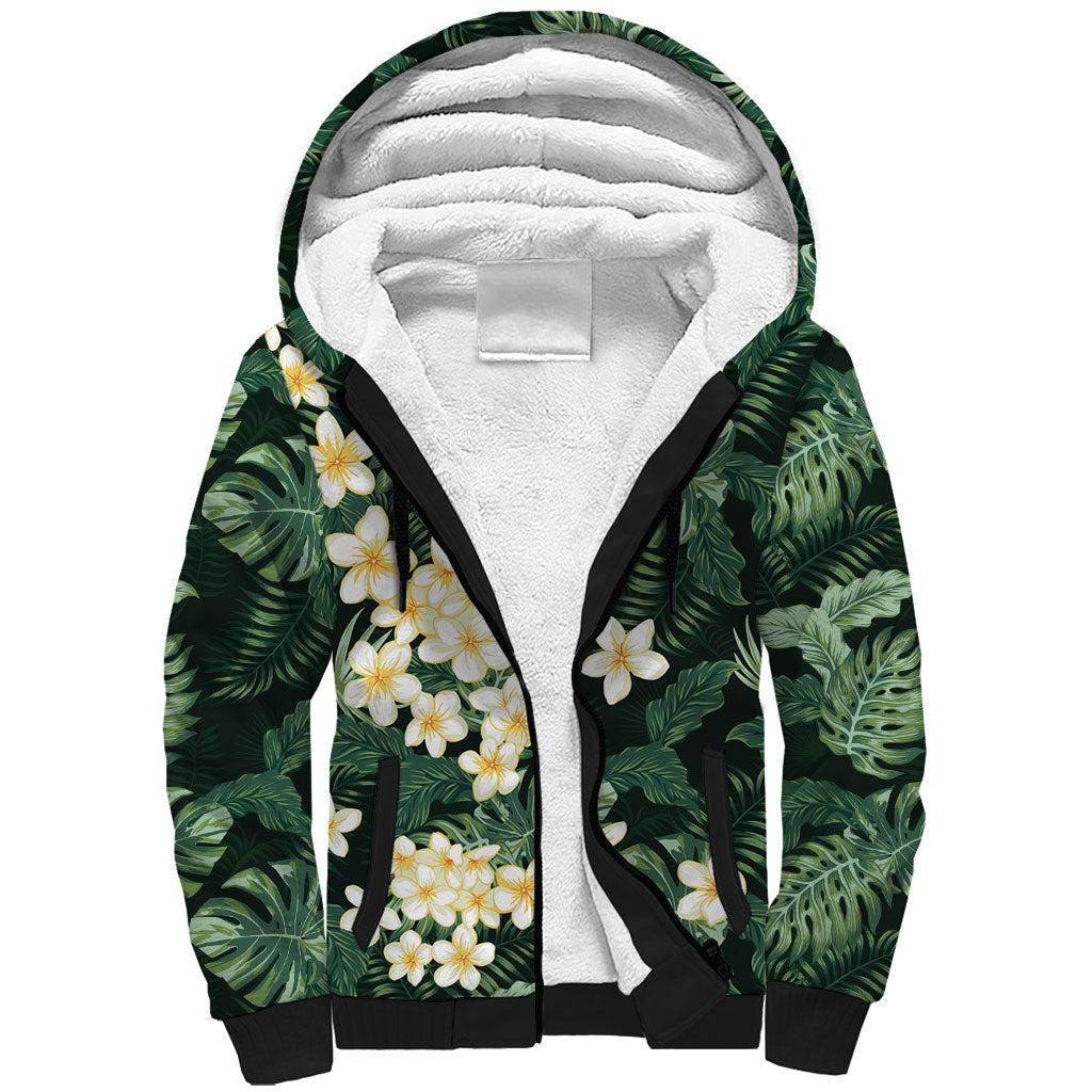 Hawaii Plumeria Tropical Leaves Sherpa Hoodie Monstera Calathea Palm Fronds LT01 Unisex Green - Polynesian Pride