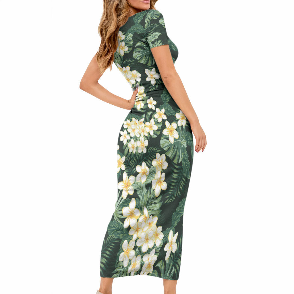 Hawaii Plumeria Tropical Leaves Short Sleeve Bodycon Dress Monstera Calathea Palm Fronds LT01 - Polynesian Pride