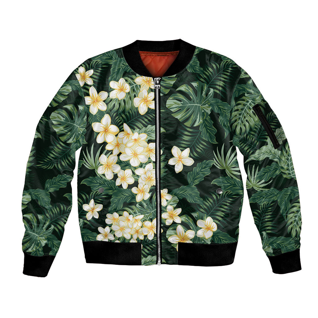 Hawaii Plumeria Tropical Leaves Sleeve Zip Bomber Jacket Monstera Calathea Palm Fronds LT01 Unisex Green - Polynesian Pride