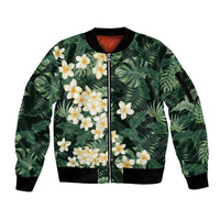 Hawaii Plumeria Tropical Leaves Sleeve Zip Bomber Jacket Monstera Calathea Palm Fronds LT01 Unisex Green - Polynesian Pride