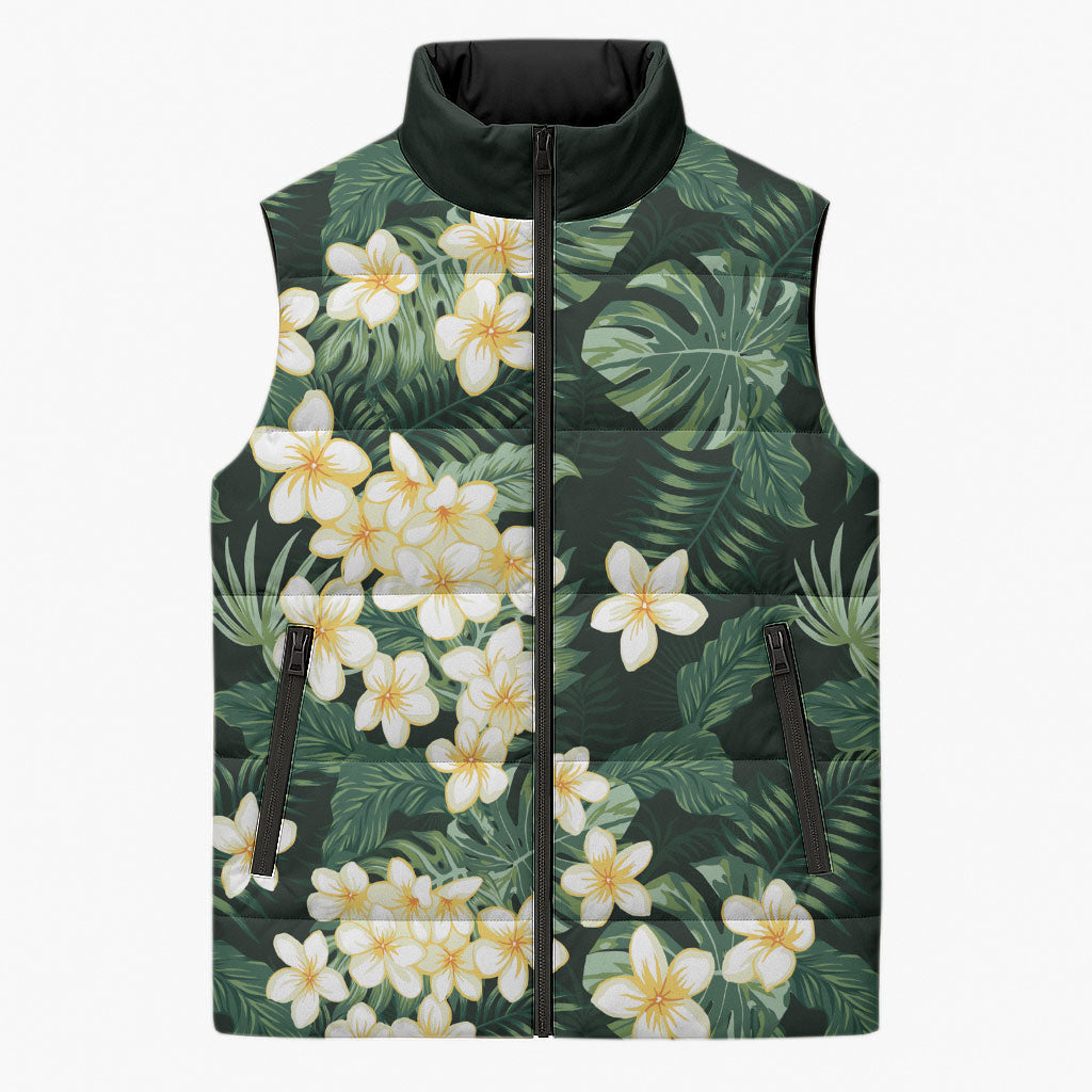 Hawaii Plumeria Tropical Leaves Sleeveless Puffer Jacket Monstera Calathea Palm Fronds LT01 Unisex Green - Polynesian Pride