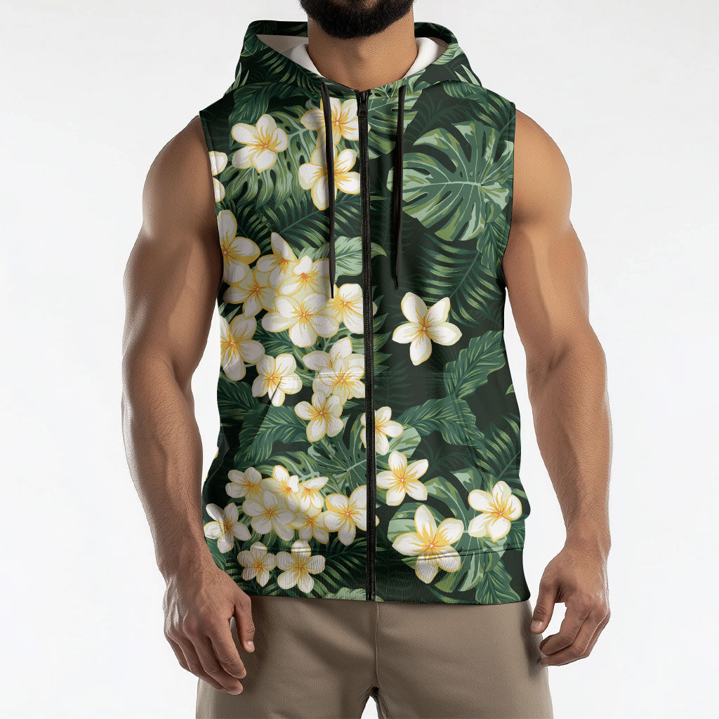 Hawaii Plumeria Tropical Leaves Sleeveless Zip Hoodie Monstera Calathea Palm Fronds LT01 - Polynesian Pride