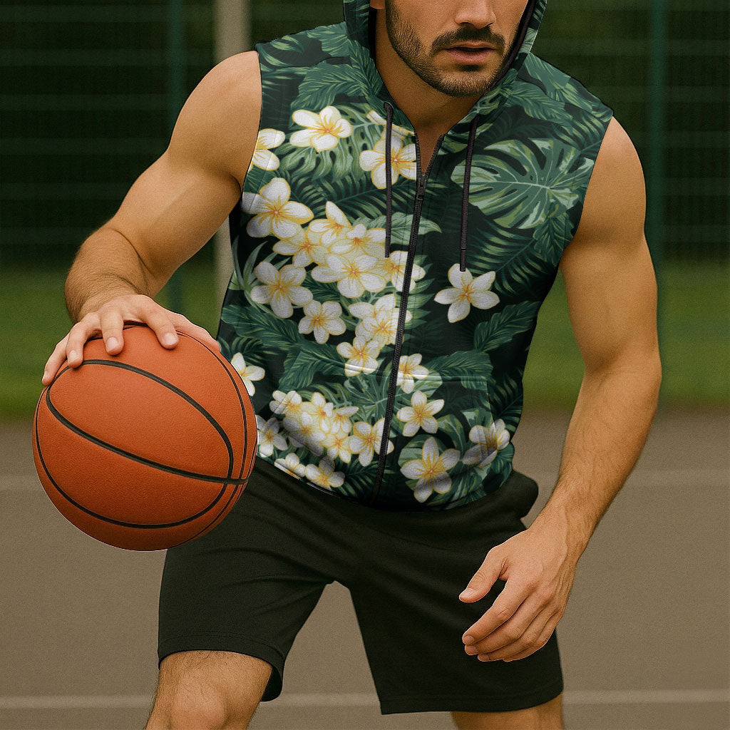 Hawaii Plumeria Tropical Leaves Sleeveless Zip Hoodie Monstera Calathea Palm Fronds LT01 - Polynesian Pride