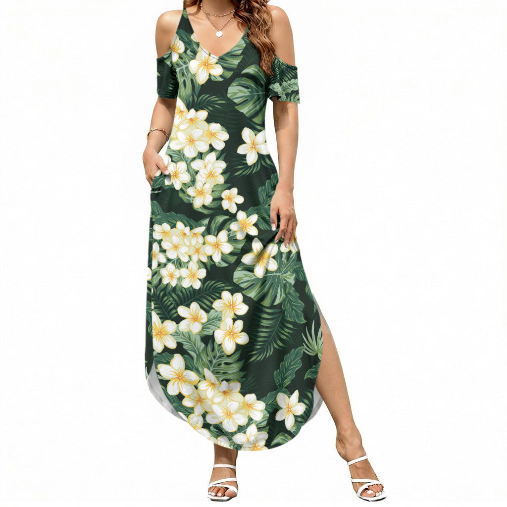 Hawaii Plumeria Tropical Leaves Summer Maxi Dress Monstera Calathea Palm Fronds LT01 Women Green - Polynesian Pride