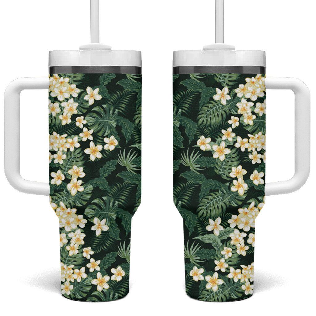 Hawaii Plumeria Tropical Leaves Tumbler With Handle Monstera Calathea Palm Fronds LT01 One Size: 40 oz Green - Polynesian Pride