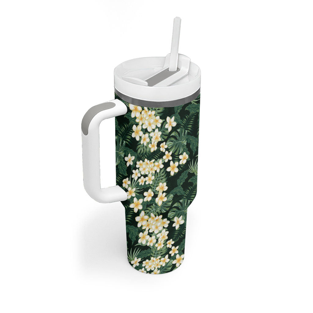 Hawaii Plumeria Tropical Leaves Tumbler With Handle Monstera Calathea Palm Fronds LT01 - Polynesian Pride