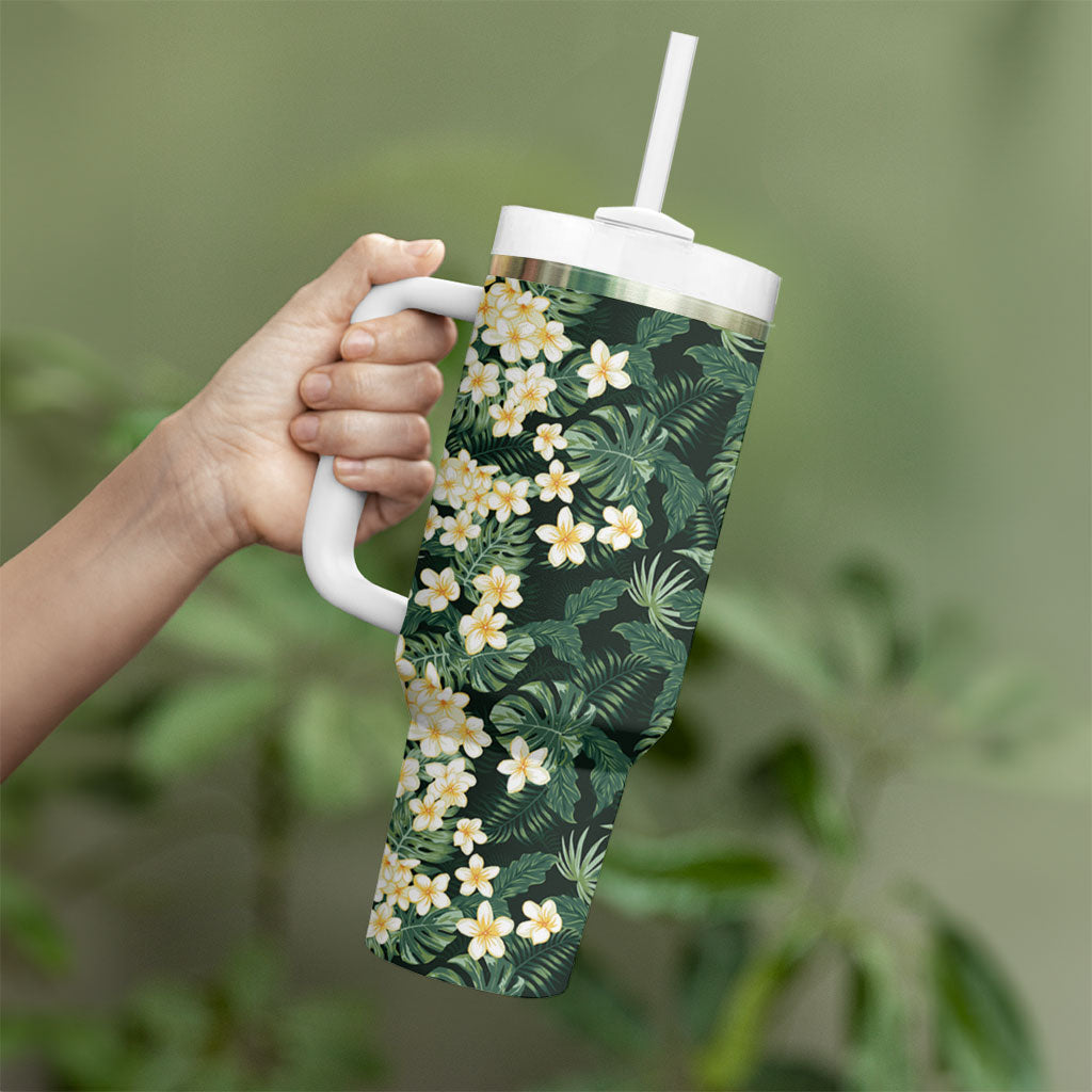 Hawaii Plumeria Tropical Leaves Tumbler With Handle Monstera Calathea Palm Fronds LT01 - Polynesian Pride