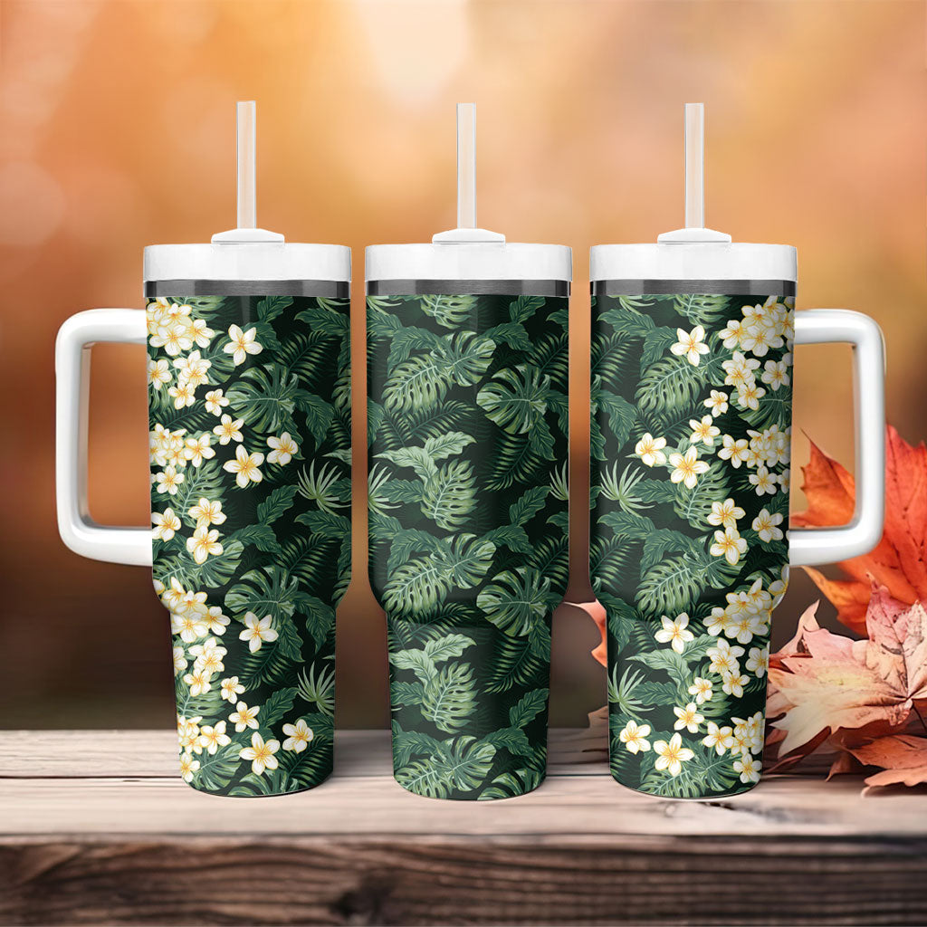 Hawaii Plumeria Tropical Leaves Tumbler With Handle Monstera Calathea Palm Fronds LT01 - Polynesian Pride