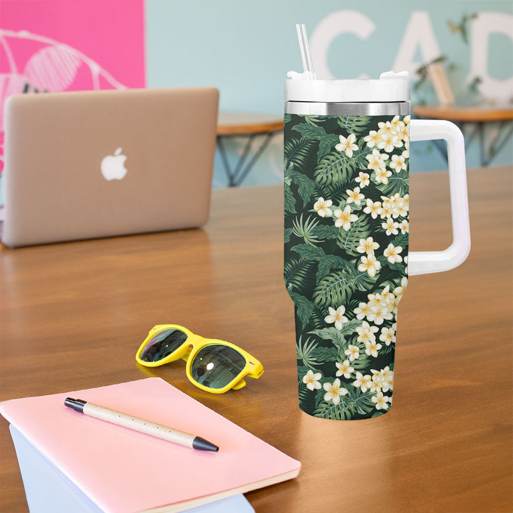 Hawaii Plumeria Tropical Leaves Tumbler With Handle Monstera Calathea Palm Fronds LT01 - Polynesian Pride
