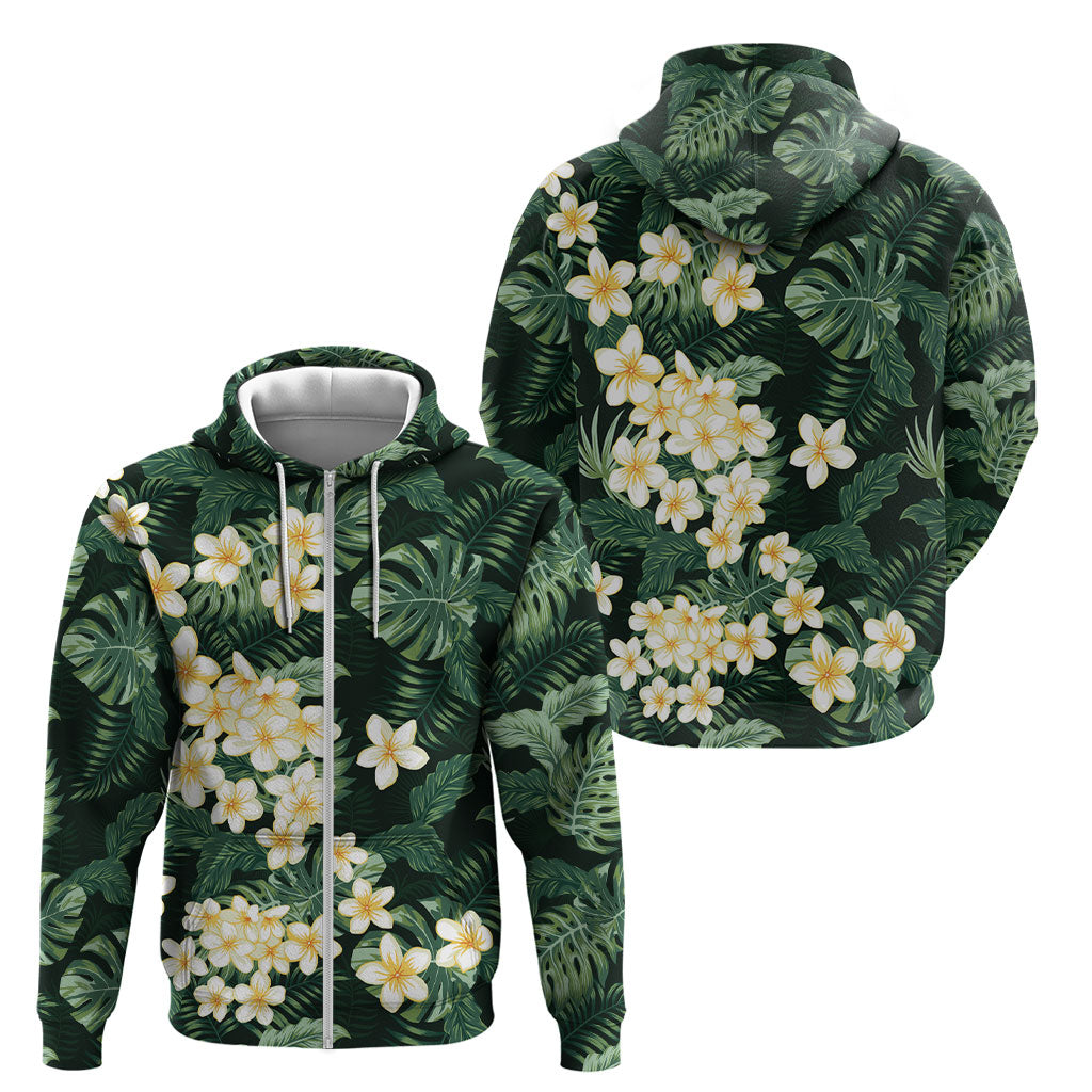 Hawaii Plumeria Tropical Leaves Zip Hoodie Monstera Calathea Palm Fronds LT01 - Polynesian Pride