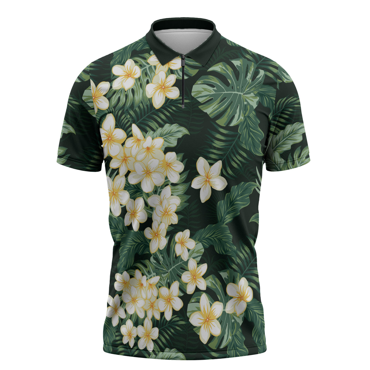 Hawaii Plumeria Tropical Leaves Zipper Polo Shirt Monstera Calathea Palm Fronds LT01 Green - Polynesian Pride