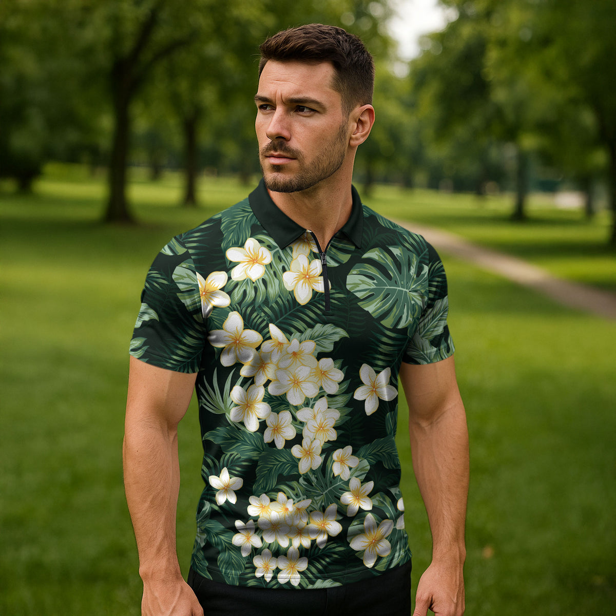 Hawaii Plumeria Tropical Leaves Zipper Polo Shirt Monstera Calathea Palm Fronds LT01 - Polynesian Pride